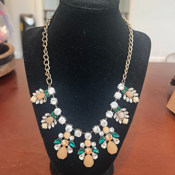 Women's Multicolor Floral Crystal Beaded Gold Tone Chain Bib Statement Necklace - Picture 1 of 2